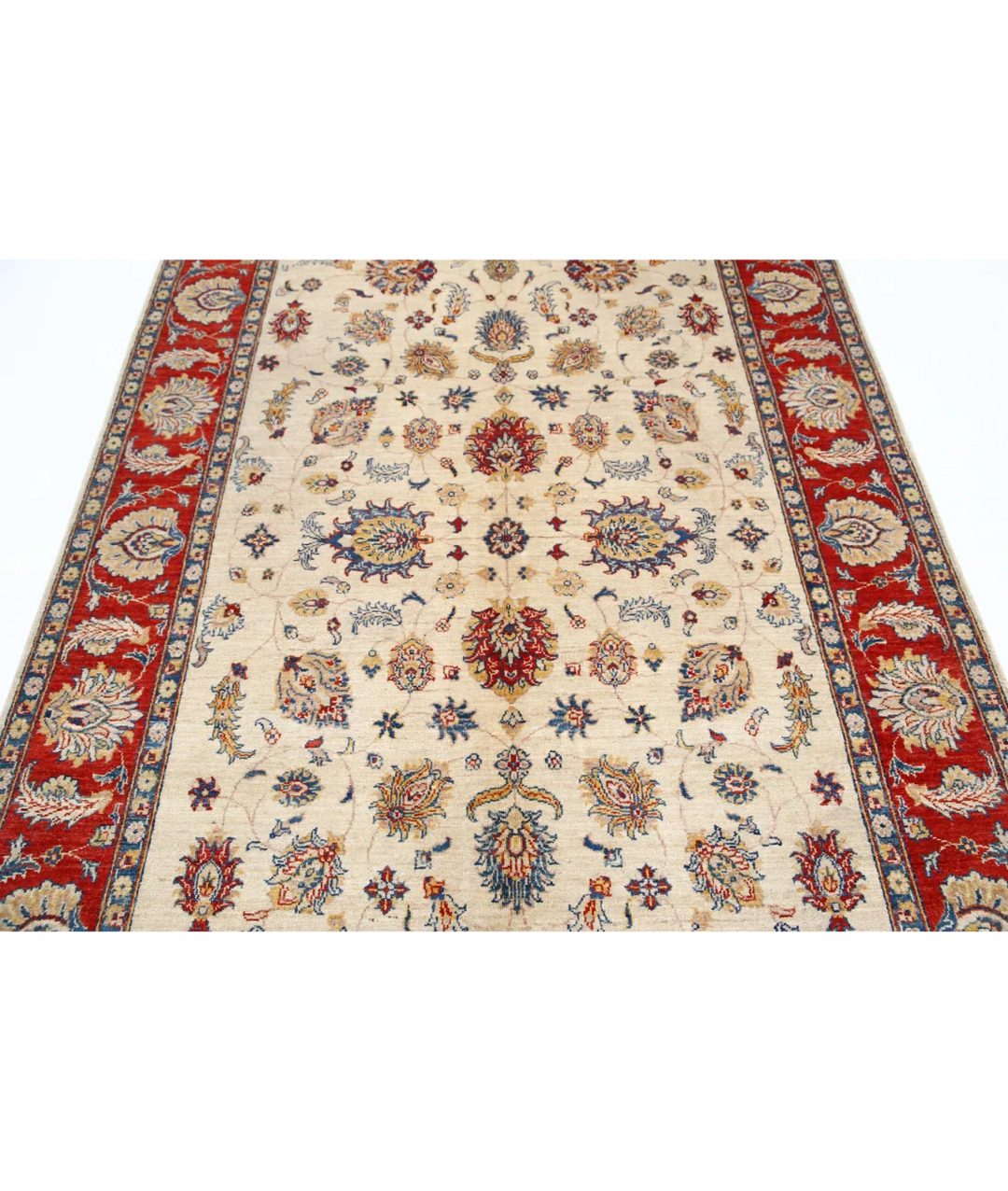 Ivory Afghan Ziegler Rug 5' 5" x 7' 11" Hand-Knotted border