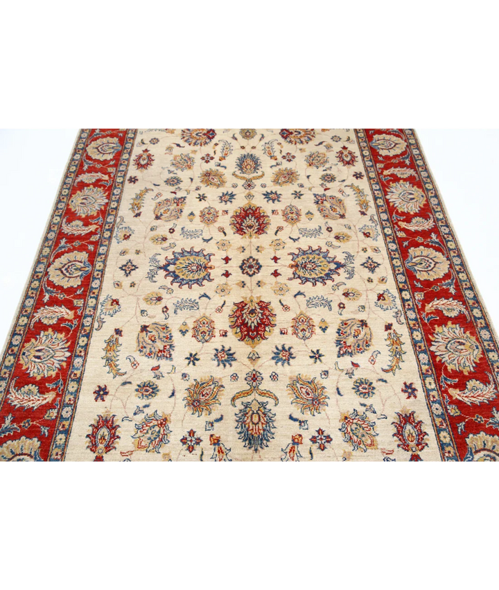 Ivory Afghan Ziegler Rug 5' 5" x 7' 11" Hand-Knotted border