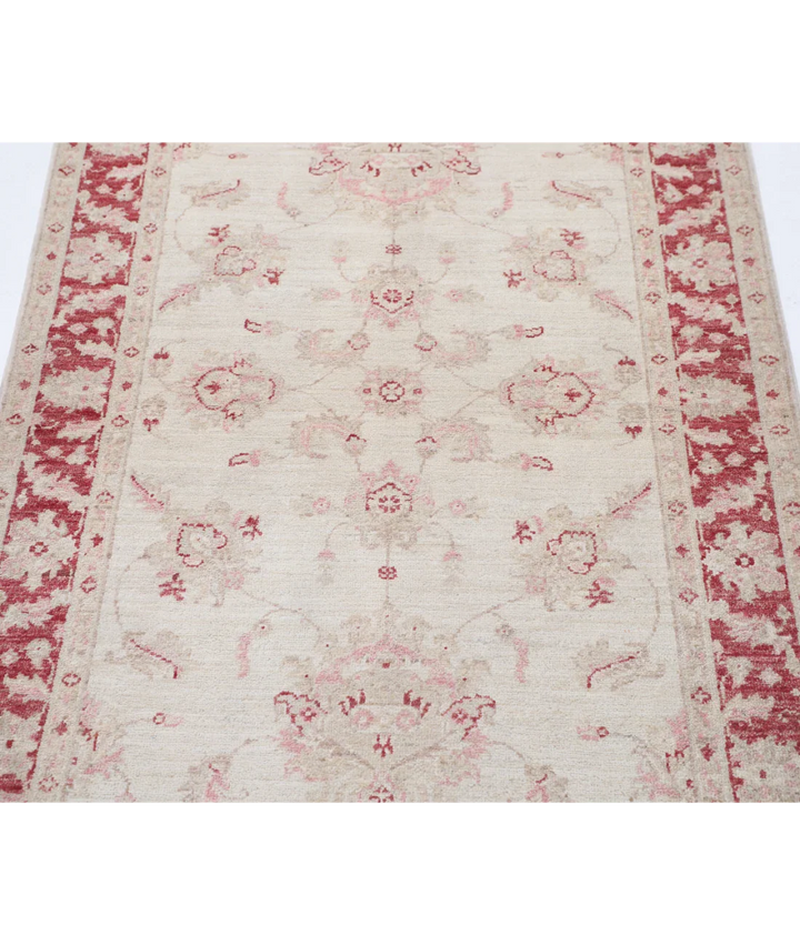 Ivory Afghan Ziegler Rug 3' 3" x 6' 5" Hand-Knotted border