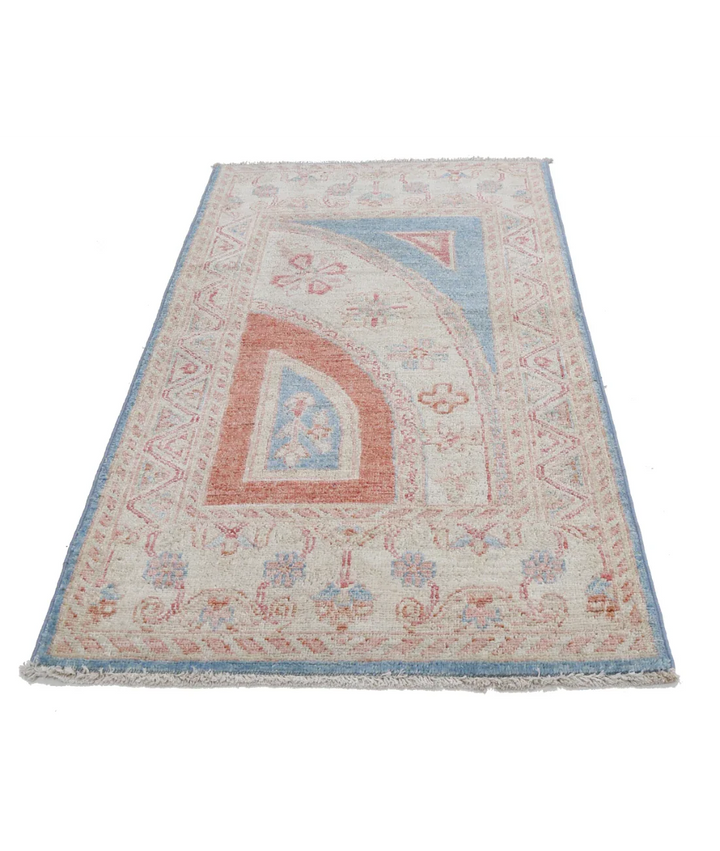 Blue Afghan Ziegler Rug 2' 1" x 3' 11" Hand-Knotted field