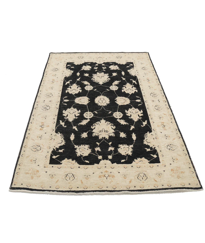 Black Afghan Ziegler Rug 3'11" x 6'0" Hand-Knotted pattern