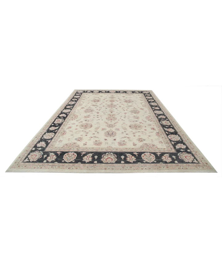 Ivory Afghan Ziegler Rug 8' 10" x 12' 0" Hand-Knotted close-up