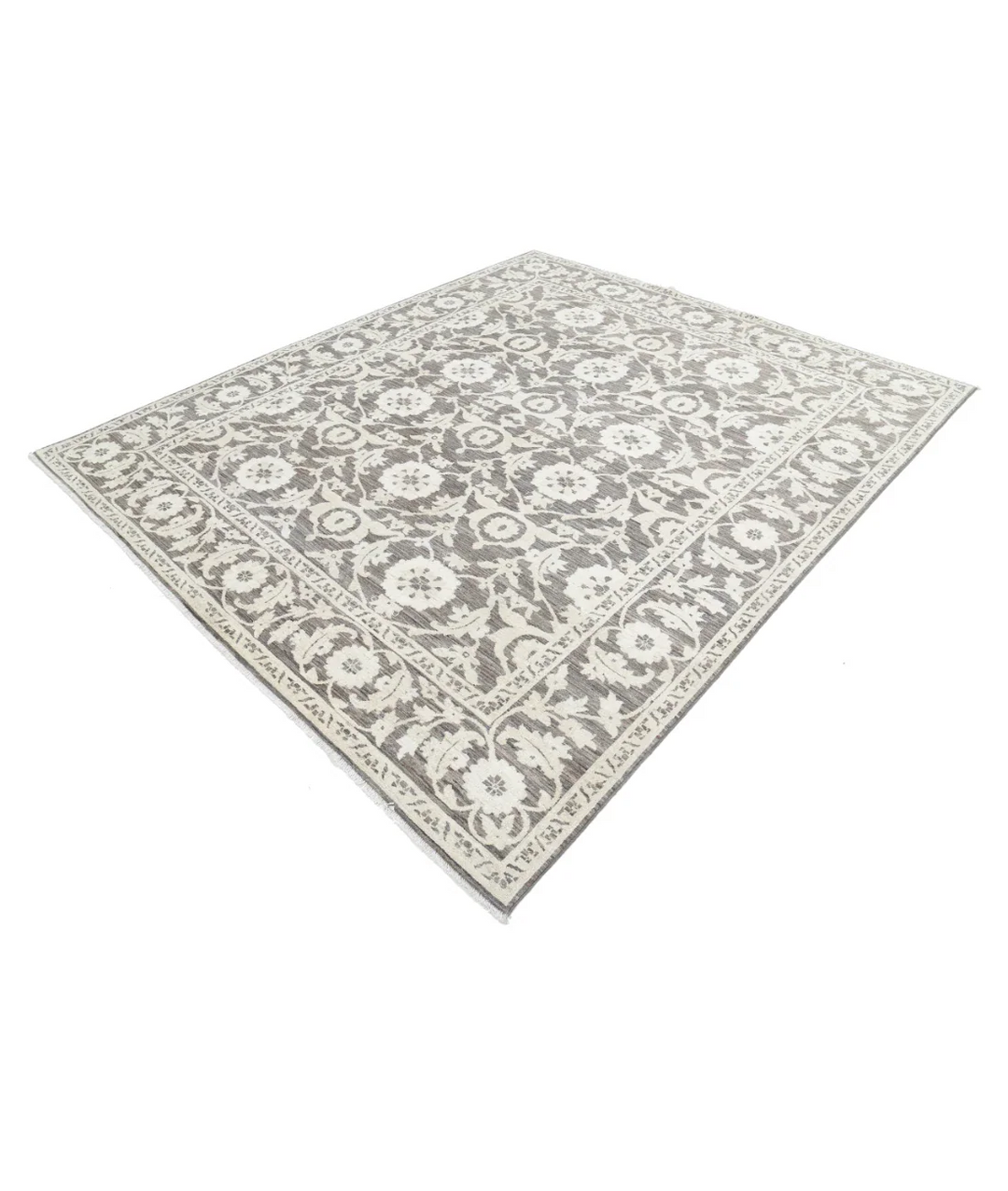 Brown Afghan Ziegler Rug 7'9" x 9'0" Hand-Knotted border