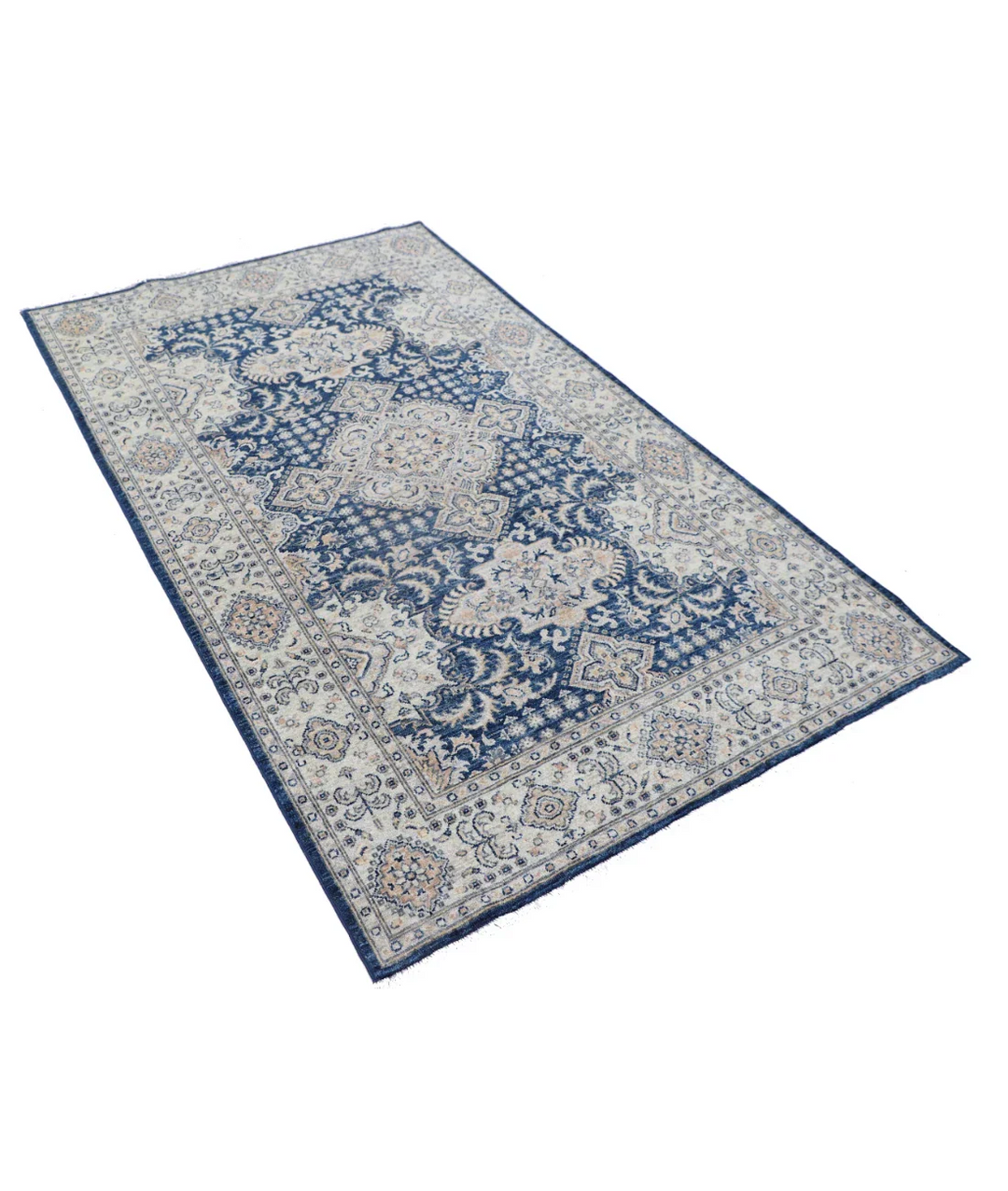 Blue Afghan Ziegler Rug 3' 11" x 6' 6" Hand-Knotted border