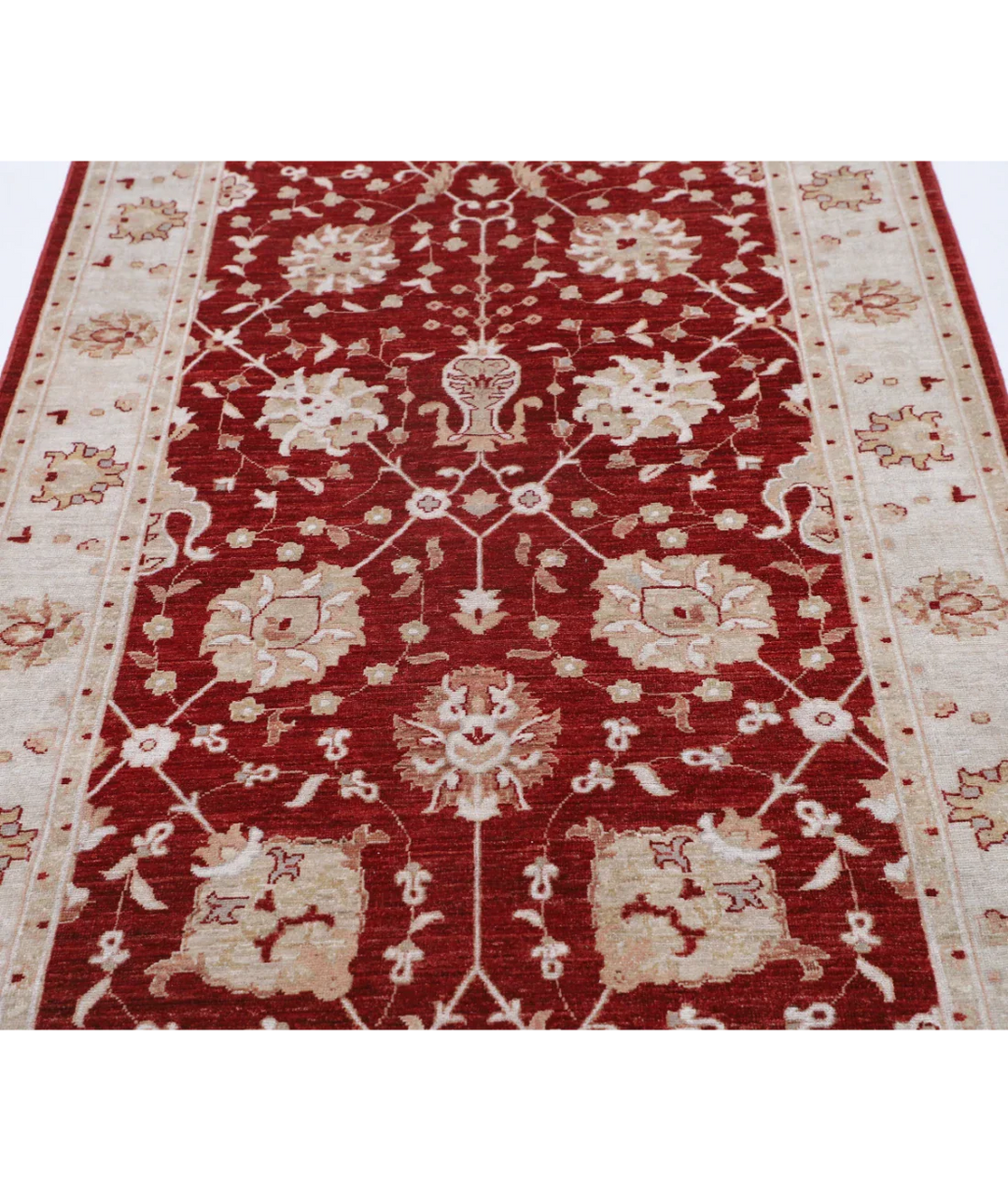 Red Afghan Ziegler Rug 4' 2" x 12' 7" Hand-Knotted close-up