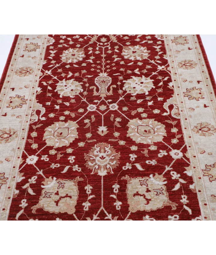 Red Afghan Ziegler Rug 4' 2" x 12' 7" Hand-Knotted close-up