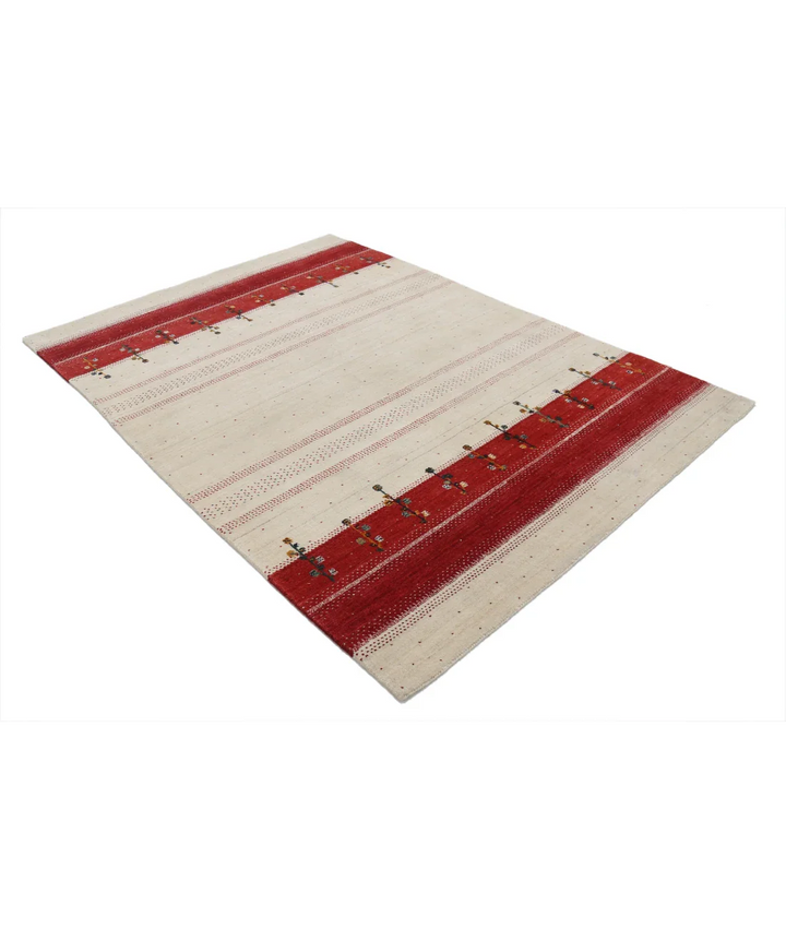 Ivory Afghan Oriental Rug 5' 3" x 7' 5" Hand-Knotted border