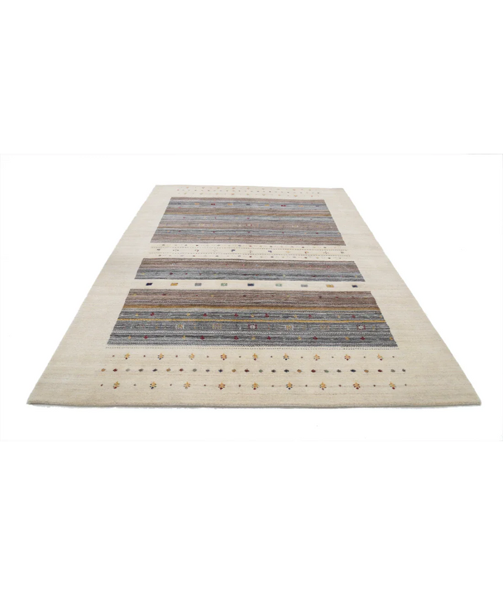 Ivory Indian Oriental Rug 6' 8" x 9' 9" Hand-Knotted pattern