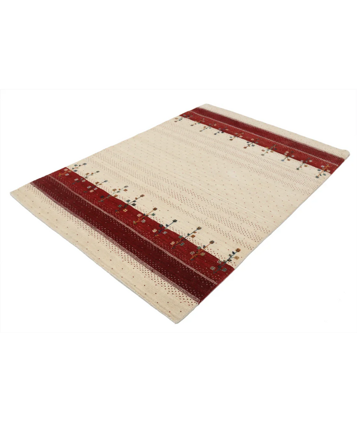 Ivory Indian Oriental Rug 4' 6" x 6' 6" Hand-Knotted field