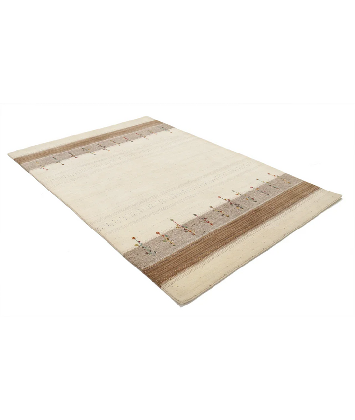 Ivory Indian Oriental Rug 5' 4" x 7' 11" Hand-Knotted border