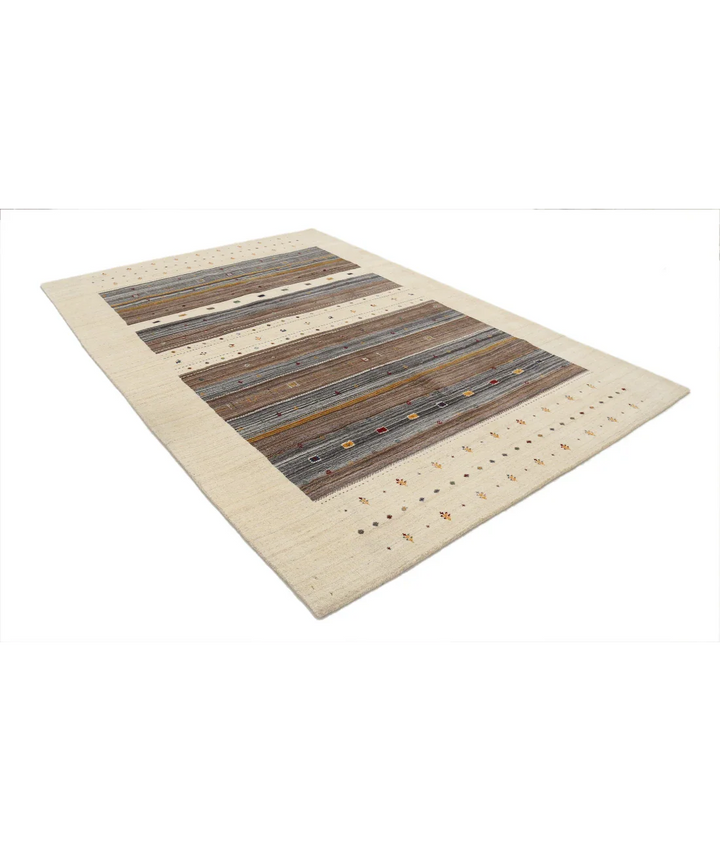 Ivory Indian Oriental Rug 6' 7" x 9' 10" Hand-Knotted border