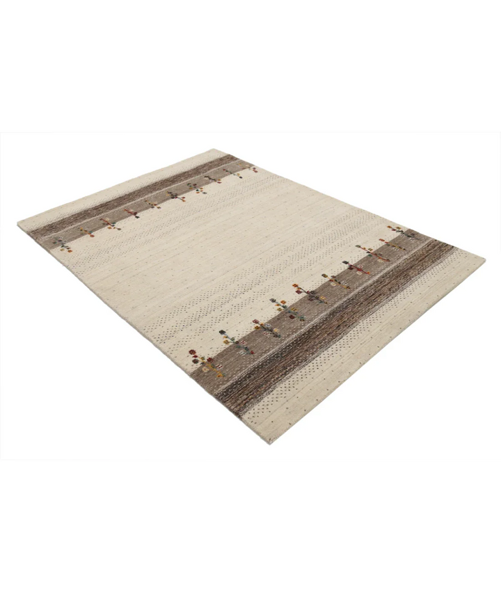 Ivory Indian Oriental Rug 4' 9" x 6' 5" Hand-Knotted border