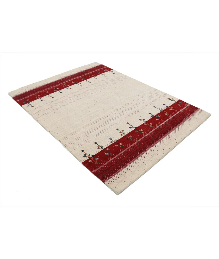 Ivory Indian Oriental Rug 4' 7" x 6' 5" Hand-Knotted border