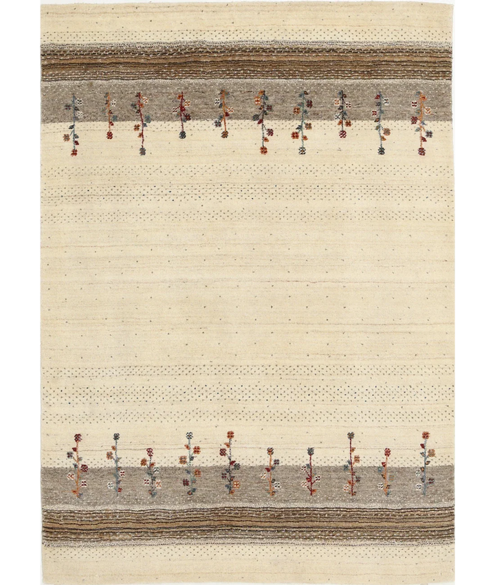 Ivory Indian Oriental Rug 4' 6" x 6' 5" Hand-Knotted