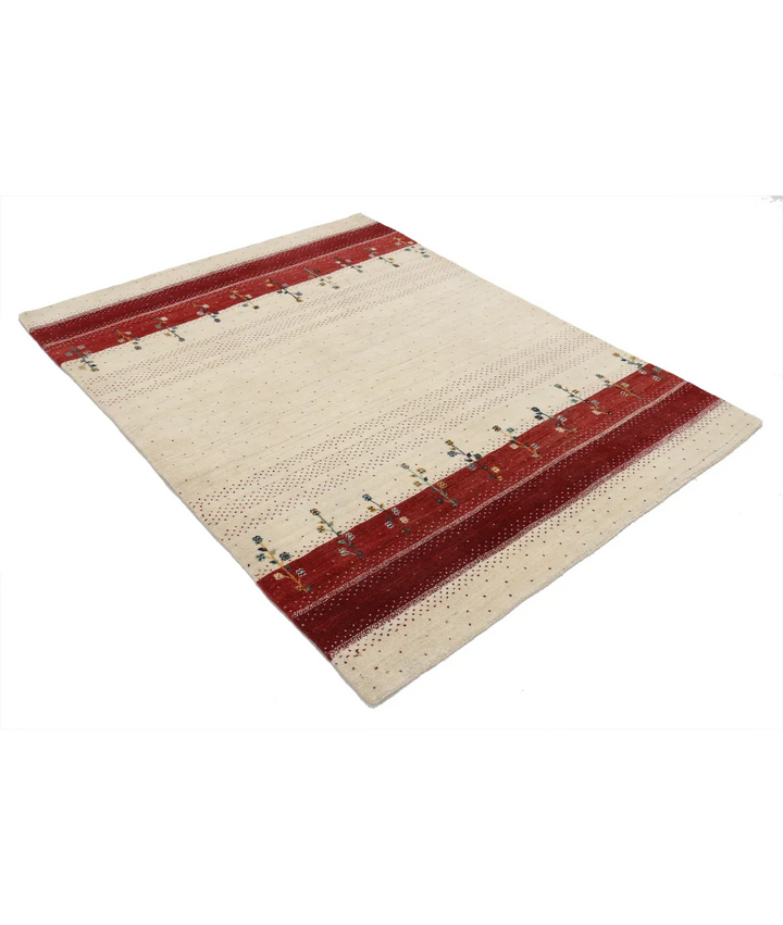 Ivory Indian Oriental Rug 4' 9" x 6' 3" Hand-Knotted border