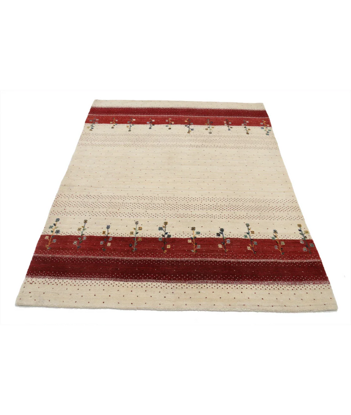 Ivory Indian Oriental Rug 4' 9" x 6' 3" Hand-Knotted pattern