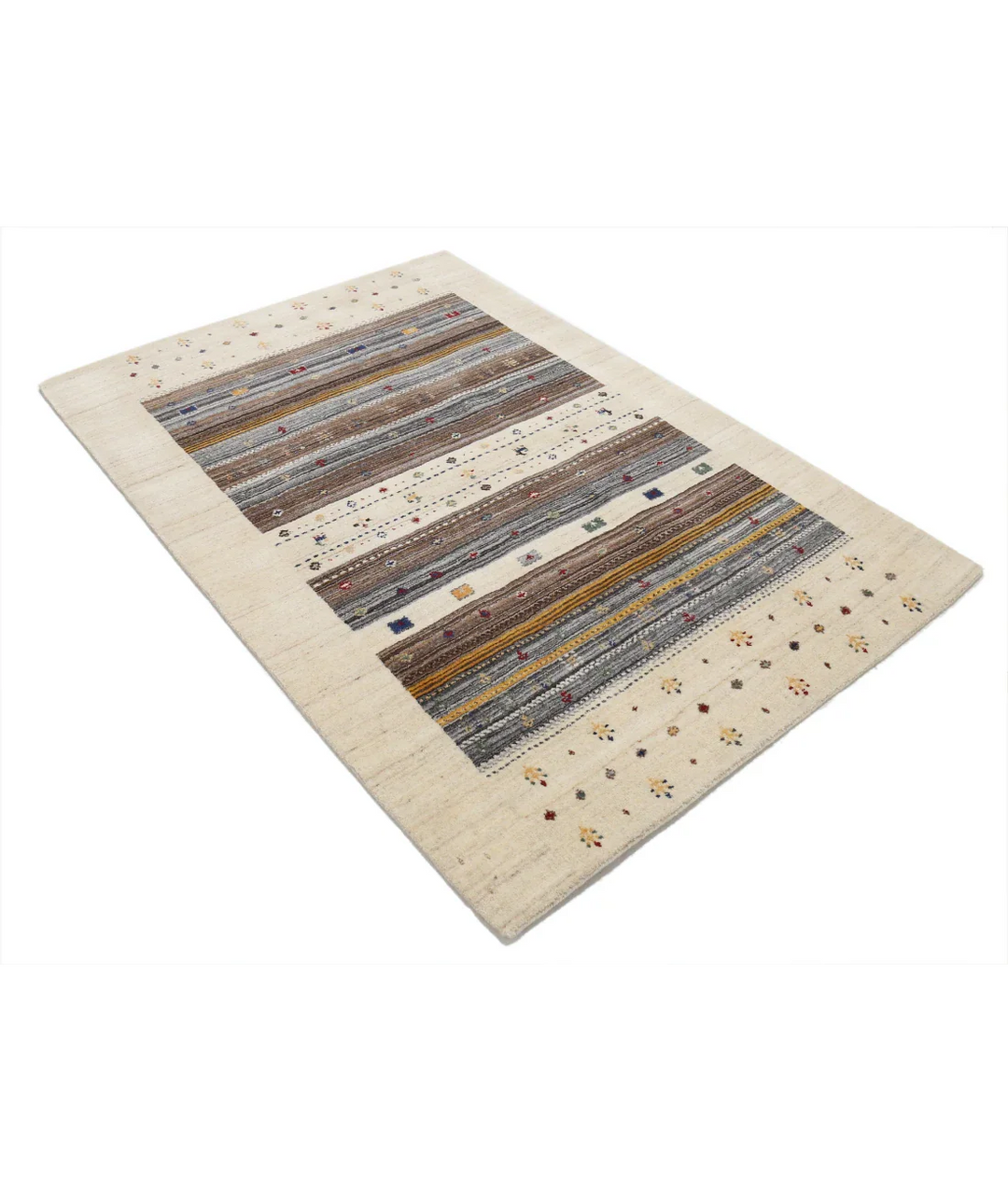 Ivory Indian Oriental Rug 4' 0" x 5' 11" Hand-Knotted border