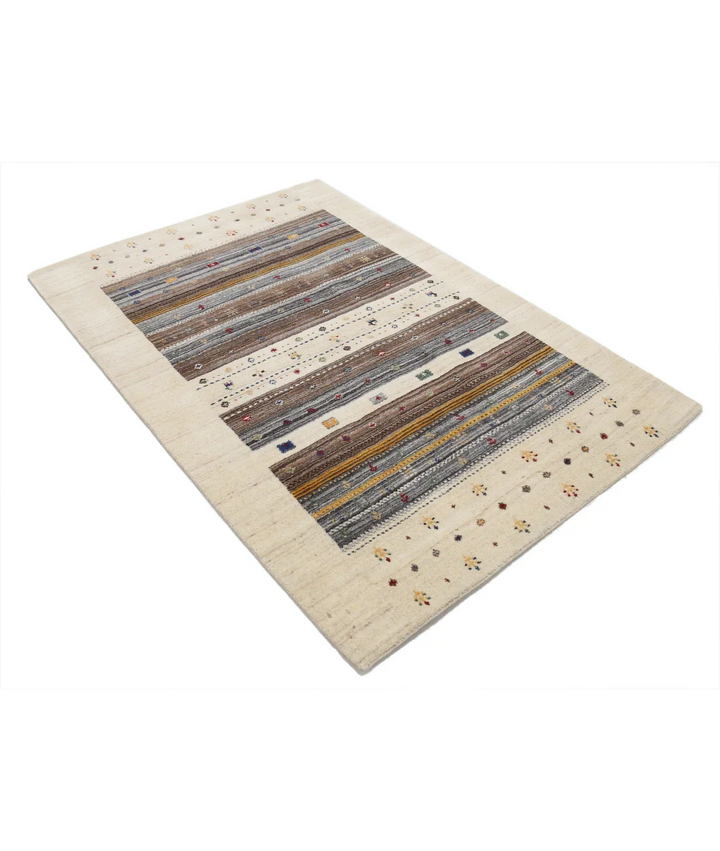 Ivory Indian Oriental Rug 4' 0" x 5' 11" Hand-Knotted border