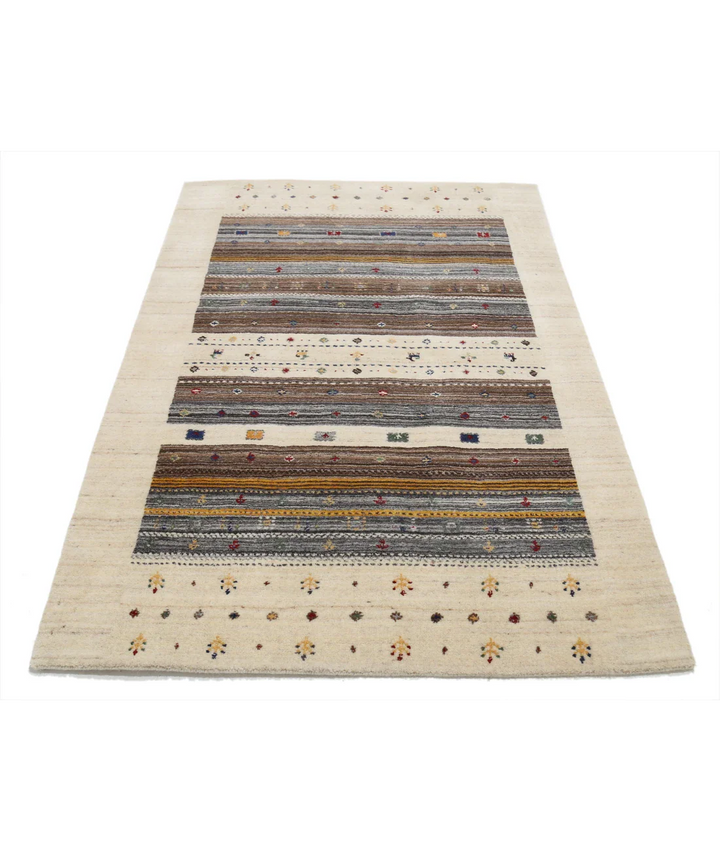 Ivory Indian Oriental Rug 4' 0" x 5' 11" Hand-Knotted pattern