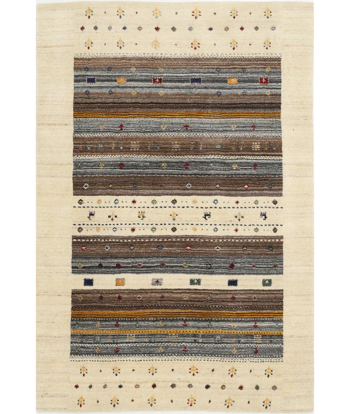 Ivory Indian Oriental Rug 4' 0" x 5' 11" Hand-Knotted