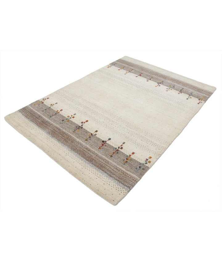 Ivory Indian Oriental Rug 4' 8" x 6' 5" Hand-Knotted field