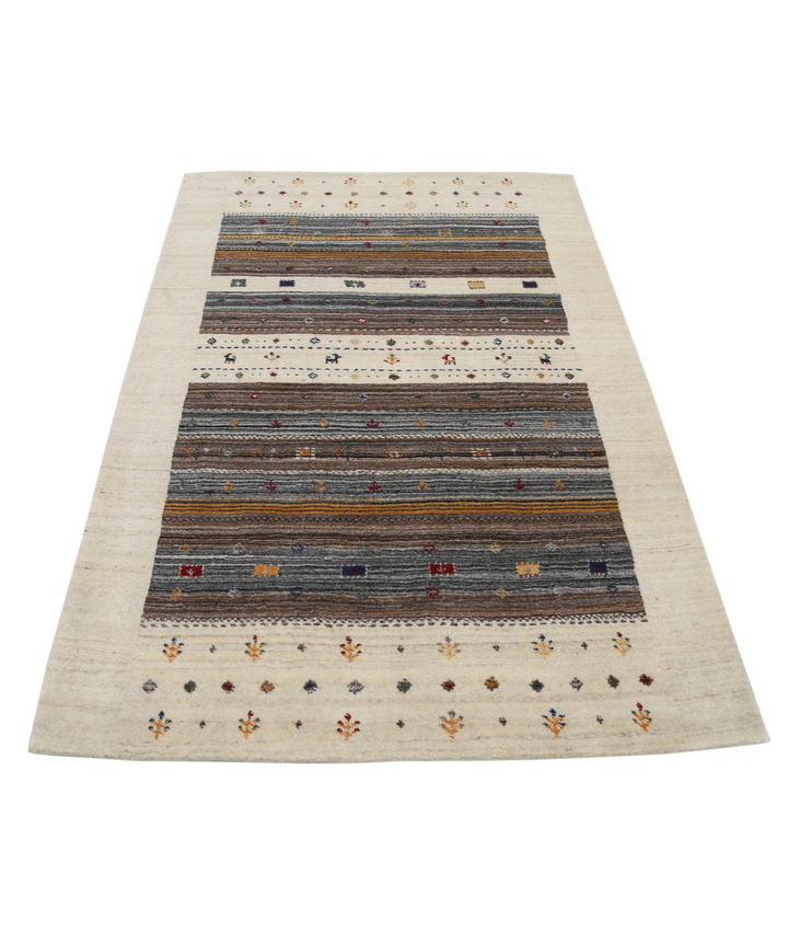 Ivory Afghan Oriental Rug 4' 0" x 5' 10" Hand-Knotted pattern