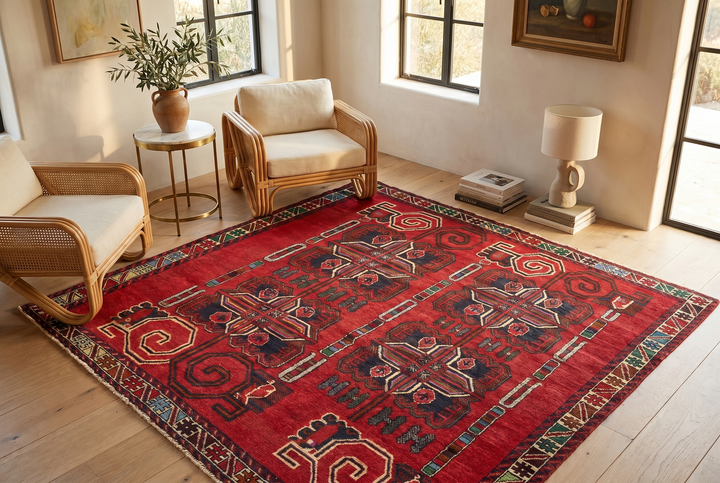 Red Afghan Tribal Rug 3' 8" x 6' 6" Hand-Knotted | No. AT192352