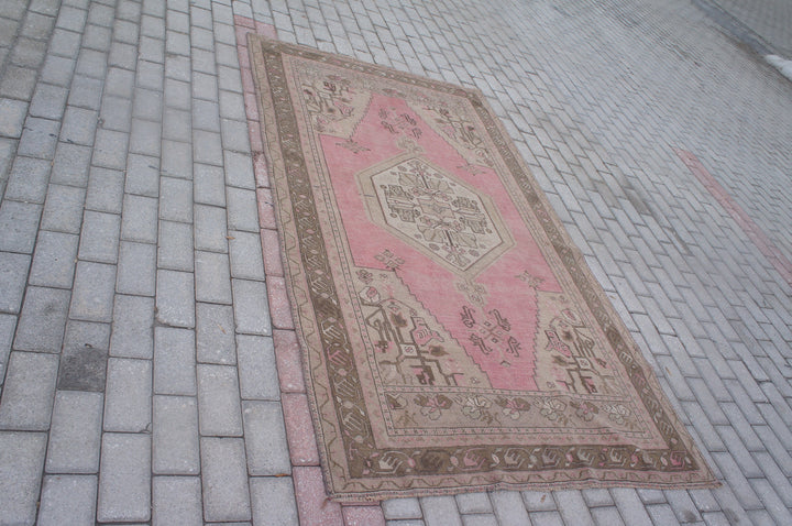 Pink Turkish Runner Rug 4' 4" x 7' 4" Hand-Knotted reverse