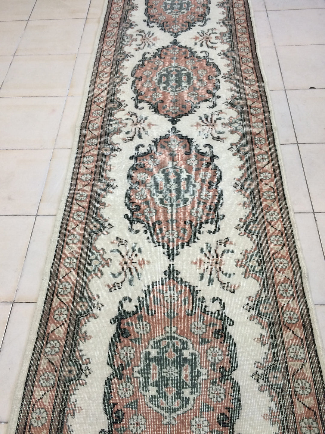 Beige Turkish Runner Rug 3' x 12' Hand-Knotted close-up