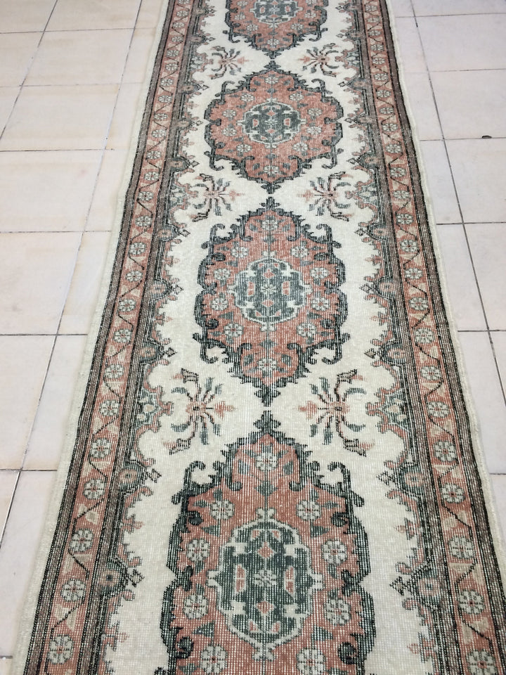 Beige Turkish Runner Rug 3' x 12' Hand-Knotted close-up