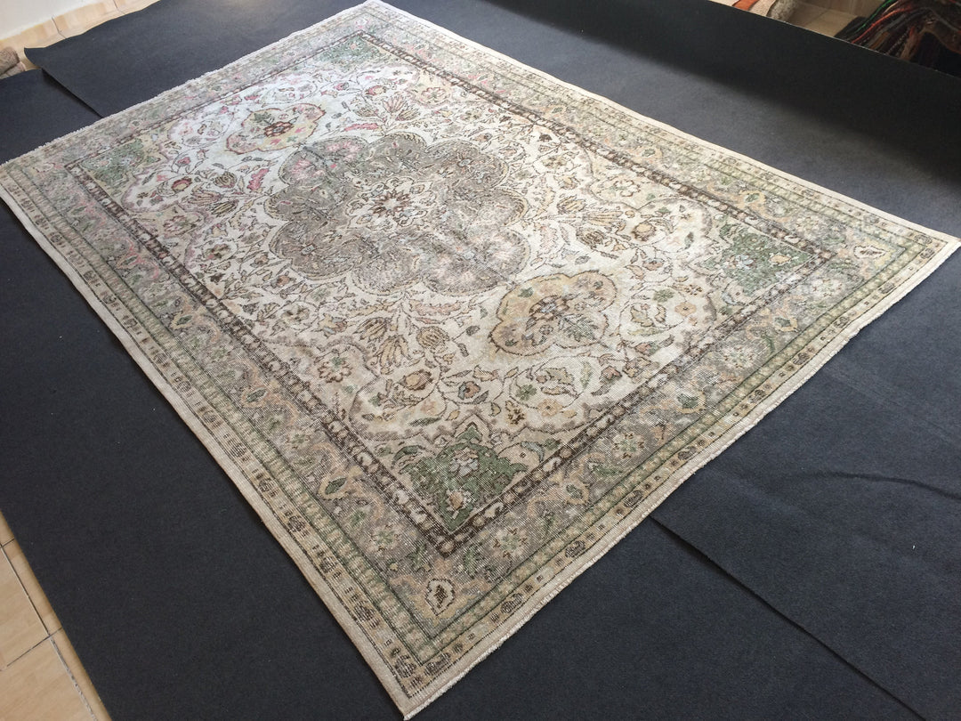 Beige Turkish Runner Rug 6' 8" x 9' 10" Hand-Knotted