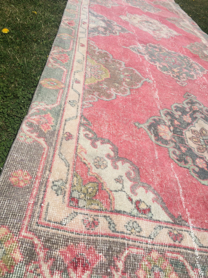 Pink Turkish Runner Rug 4' x 12' Hand-Knotted pattern