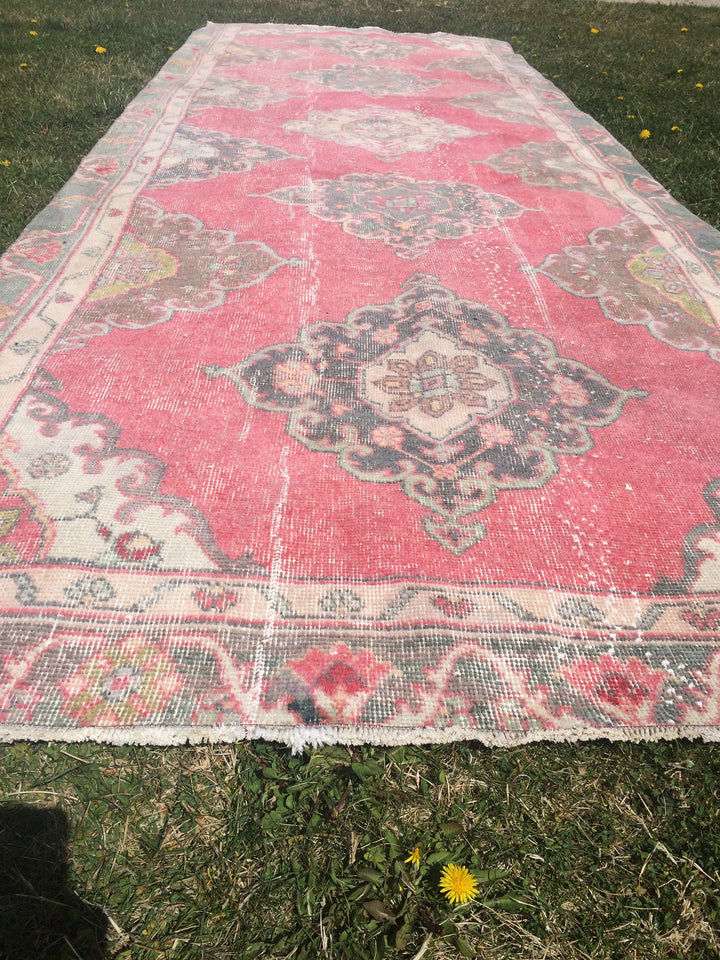 Pink Turkish Runner Rug 4' x 12' Hand-Knotted border