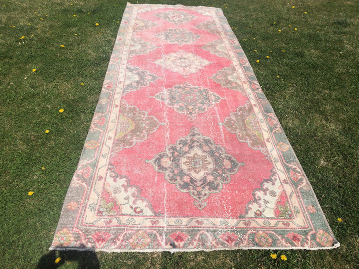 Pink Turkish Runner Rug 4' x 12' Hand-Knotted