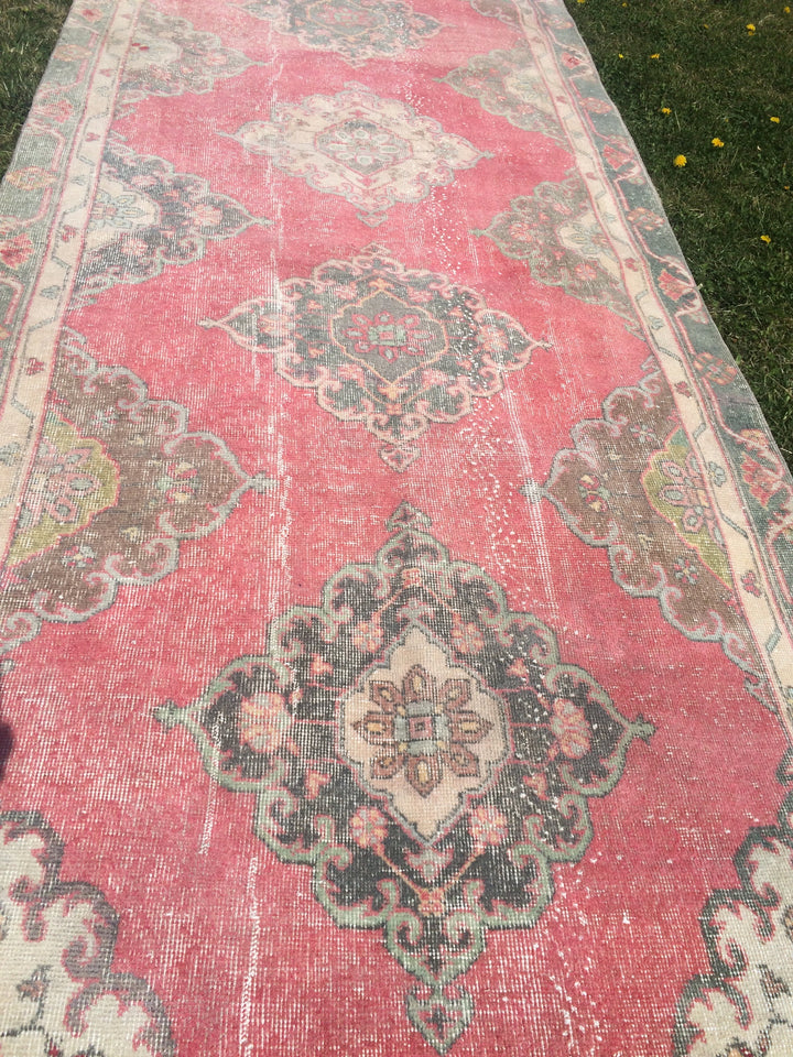 Pink Turkish Runner Rug 4' x 12' Hand-Knotted texture