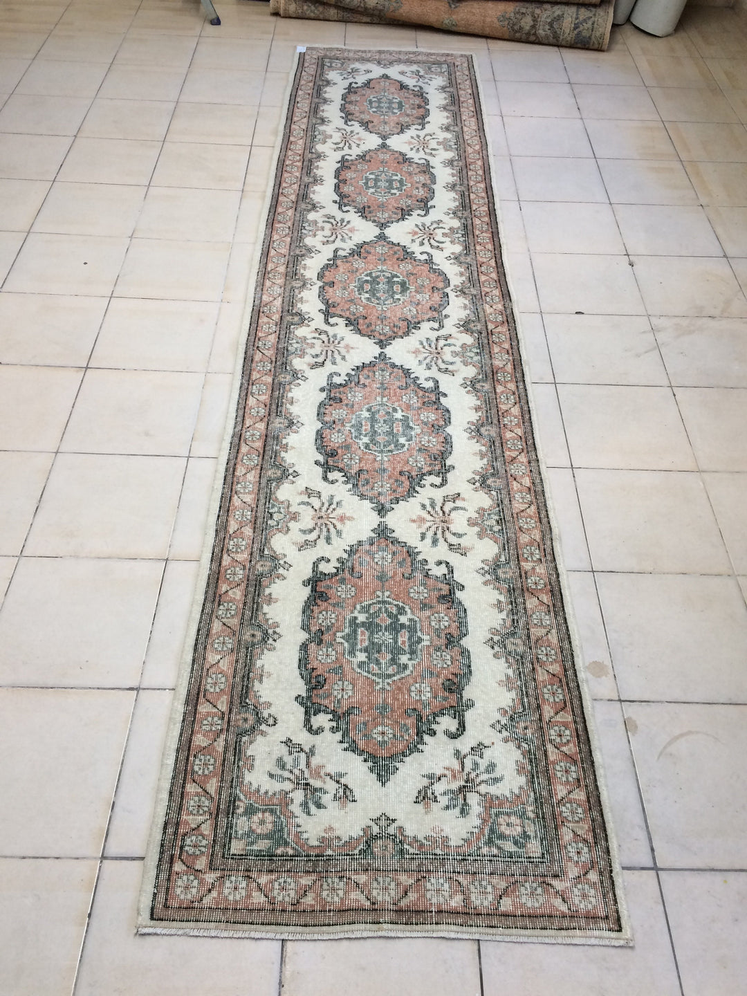 Beige Turkish Runner Rug 3' x 12' Hand-Knotted pattern