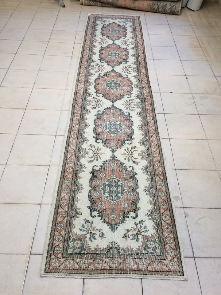 Beige Turkish Runner Rug 3' x 12' Hand-Knotted pattern