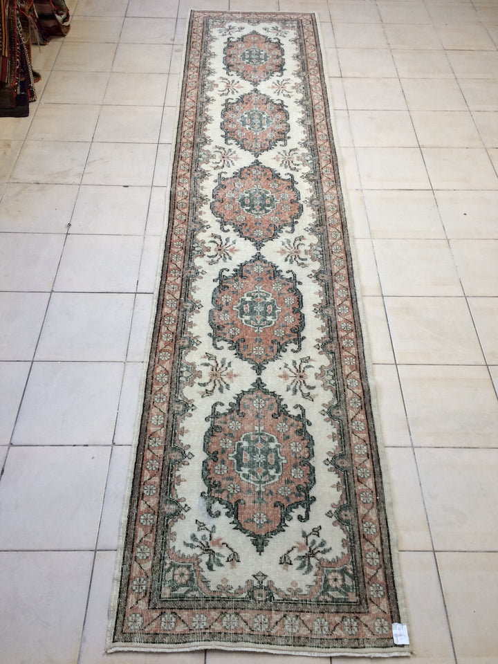 Beige Turkish Runner Rug 3' x 12' Hand-Knotted texture