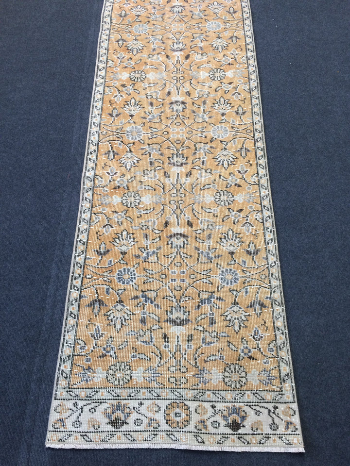 Beige Turkish Distressed Runner Rug 2' x 10' Hand-Knotted | No. WR88118