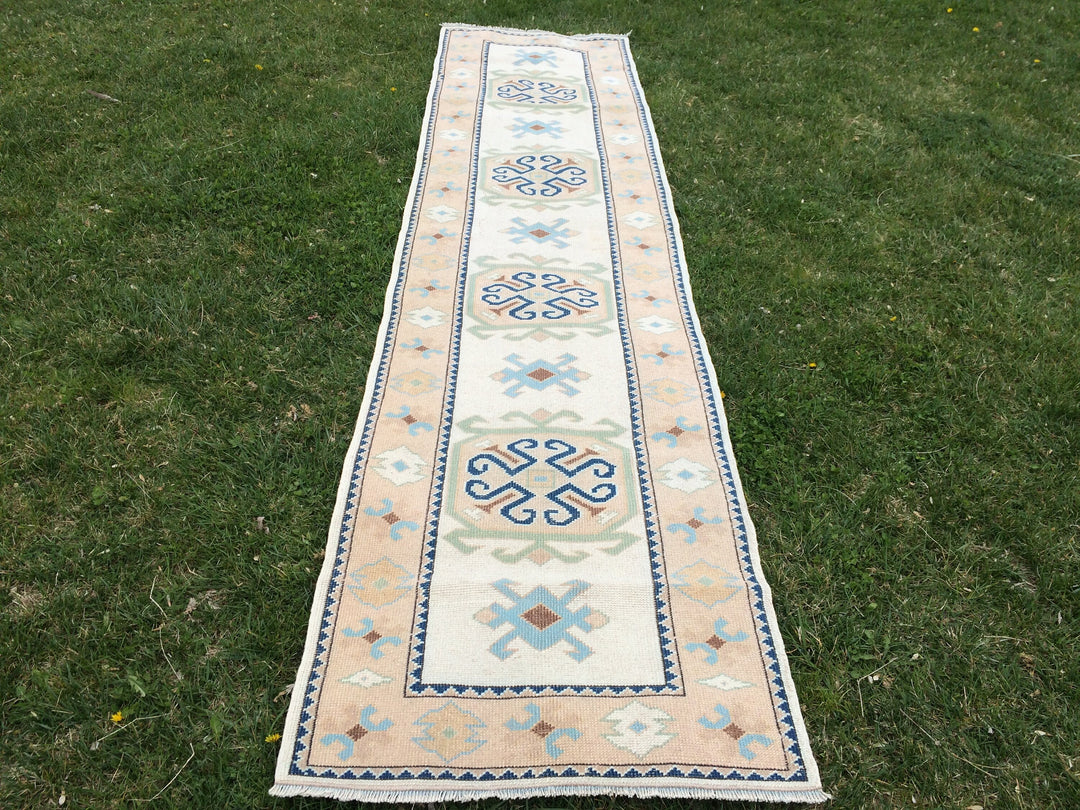 Beige Turkish Runner Rug 3' x 11' Hand-Knotted close-up