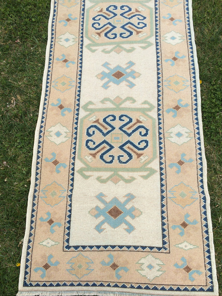Beige Turkish Runner Rug 3' x 11' Hand-Knotted border