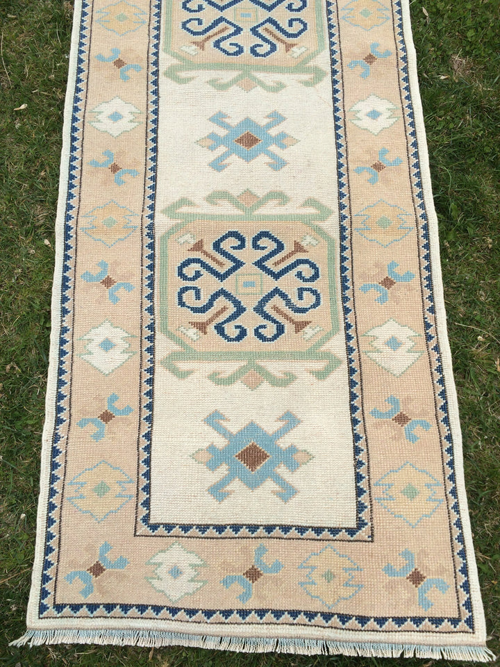 Beige Turkish Runner Rug 3' x 11' Hand-Knotted reverse