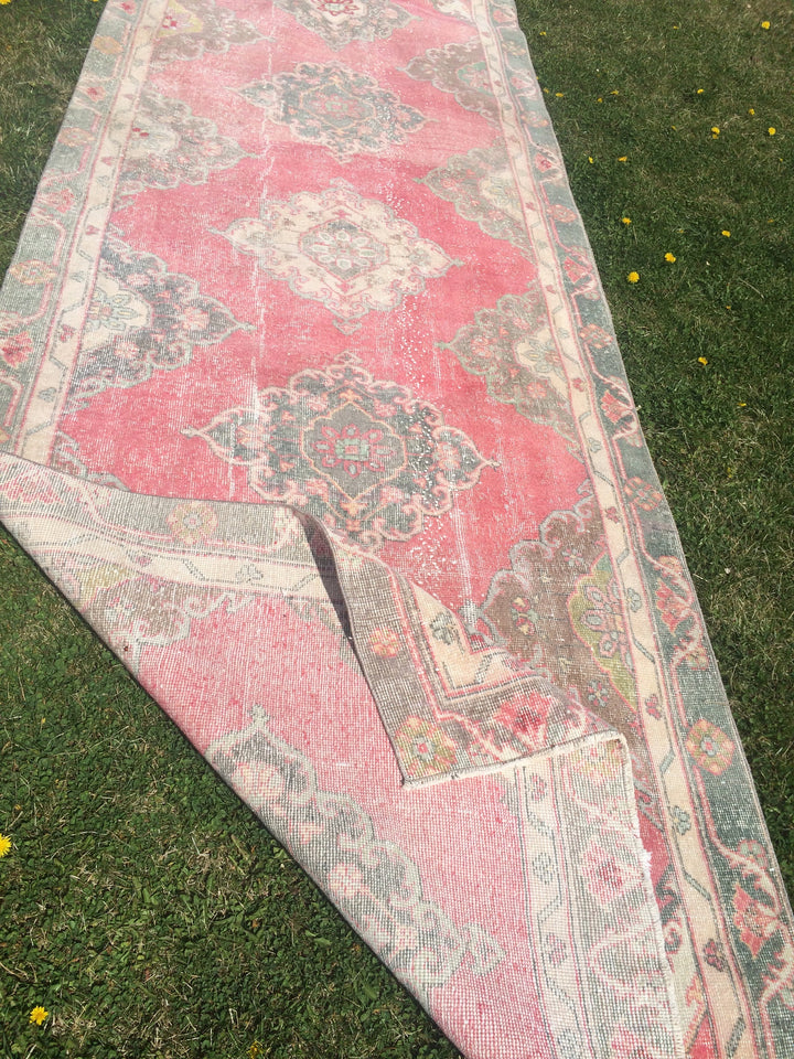 Pink Turkish Runner Rug 4' x 12' Hand-Knotted field