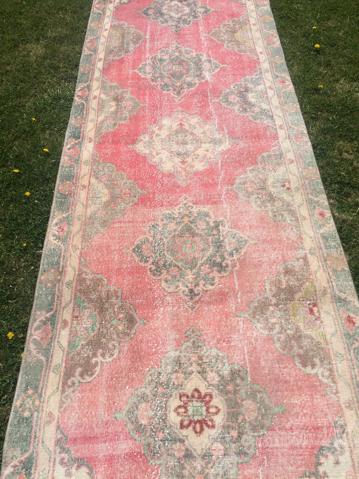 Pink Turkish Runner Rug 4' x 12' Hand-Knotted reverse