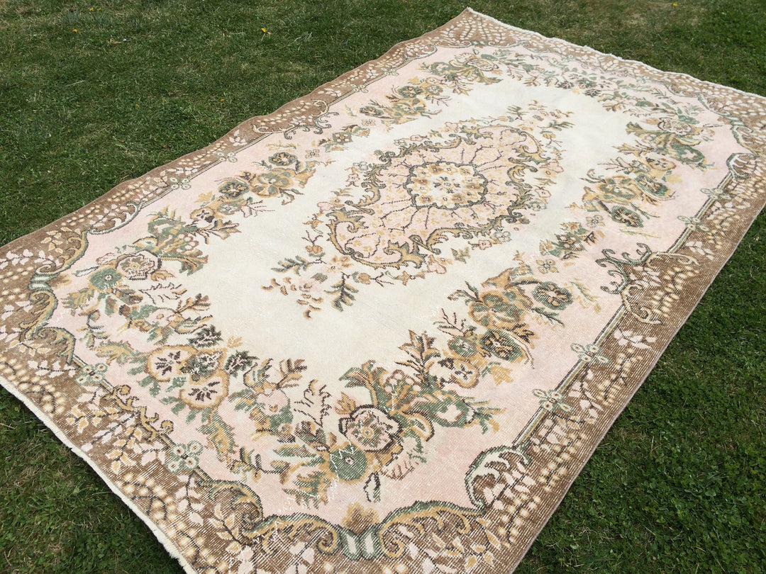 Pink Turkish Oushak Rug 5' 7" x 9' Hand-Knotted field