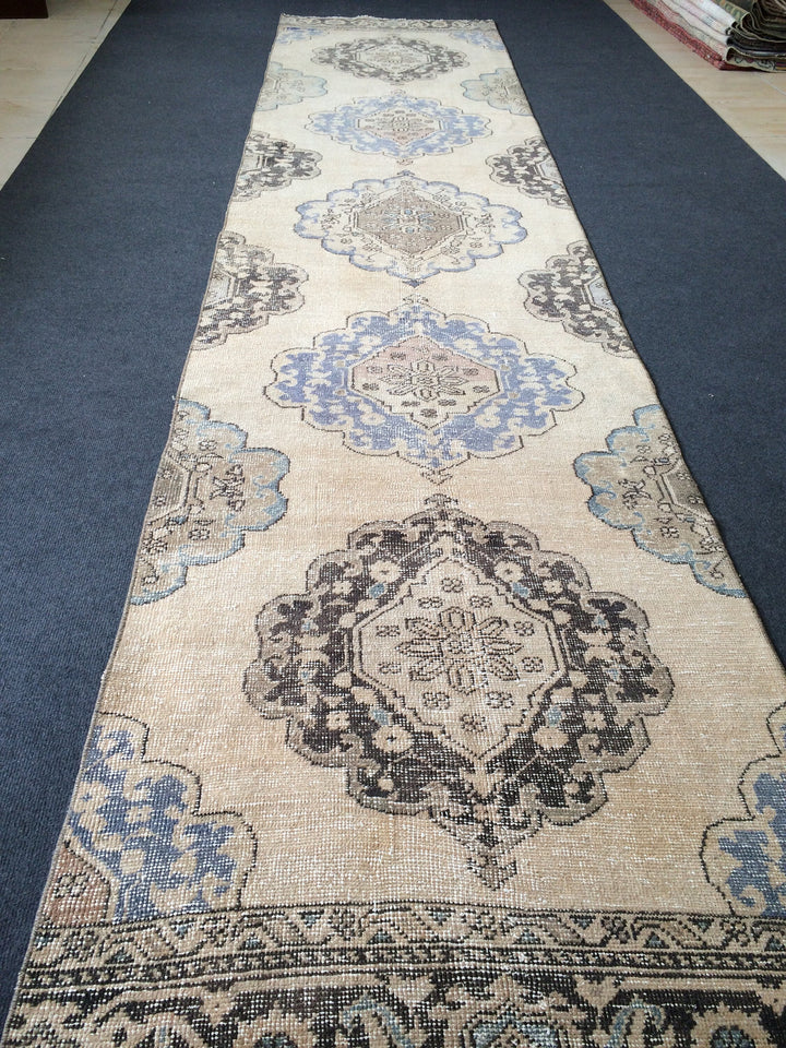 Beige Turkish Runner Rug 2' 11" x 12' 7" Hand-Knotted field
