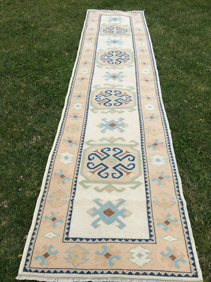 Beige Turkish Runner Rug 3' x 11' Hand-Knotted pattern