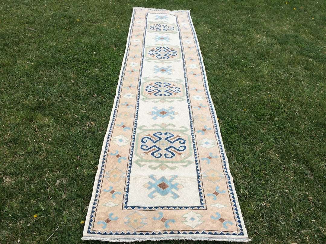 Beige Turkish Runner Rug 3' x 11' Hand-Knotted texture
