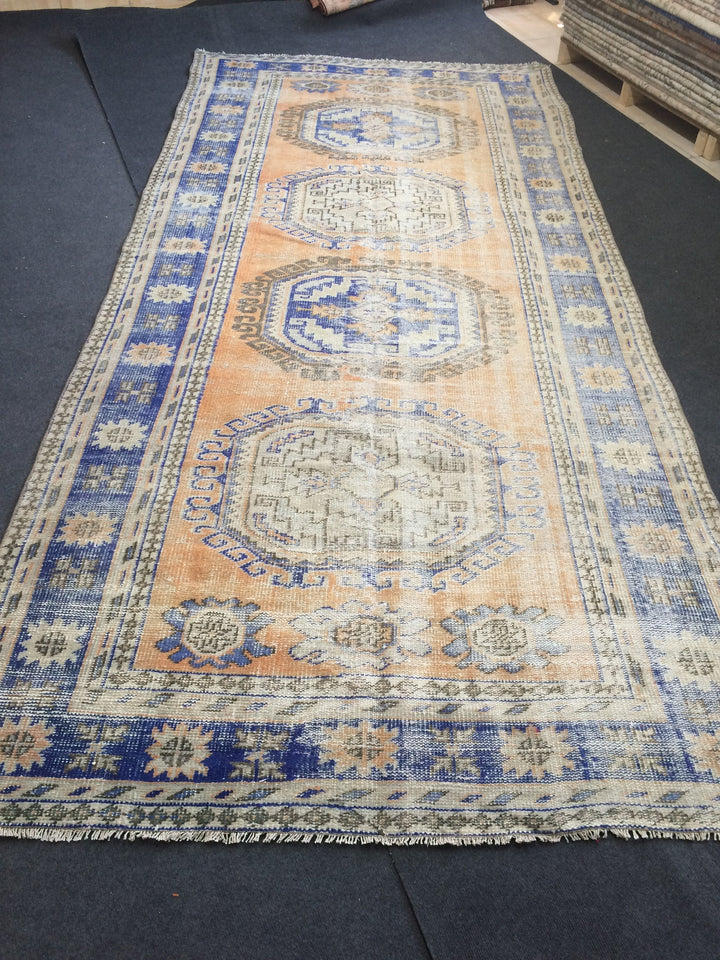 Beige Turkish Distressed Runner Rug 5' 2" x 11' 5" Hand-Knotted | No. WR56857