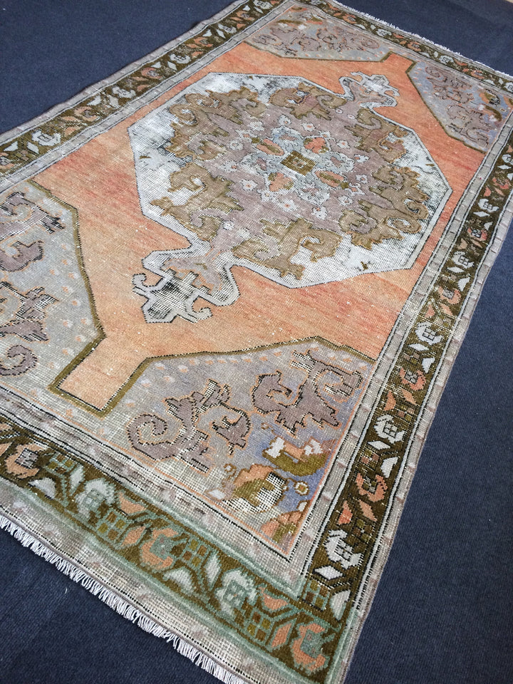 Tan Turkish Tribal Rug Hand-Knotted reverse